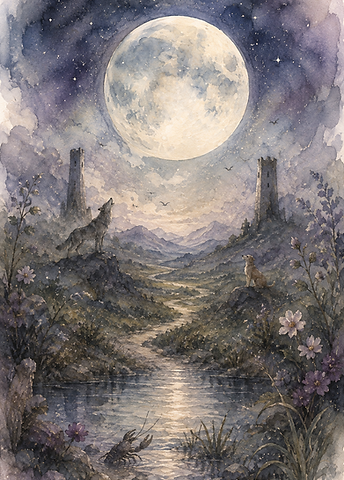 full moon showing water beneath and path beyond and small crayfish