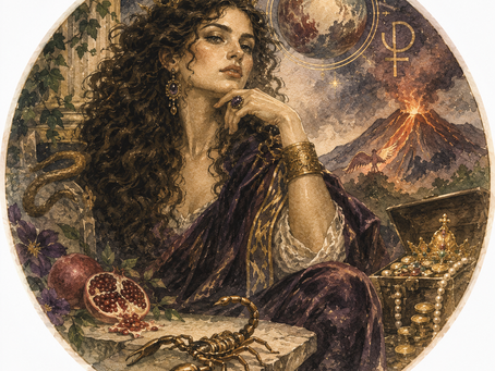 a beautiful plutonic woman showing a skull, pomegranate, crow and gold jewelry representing ultimate transformation in traditional tarot