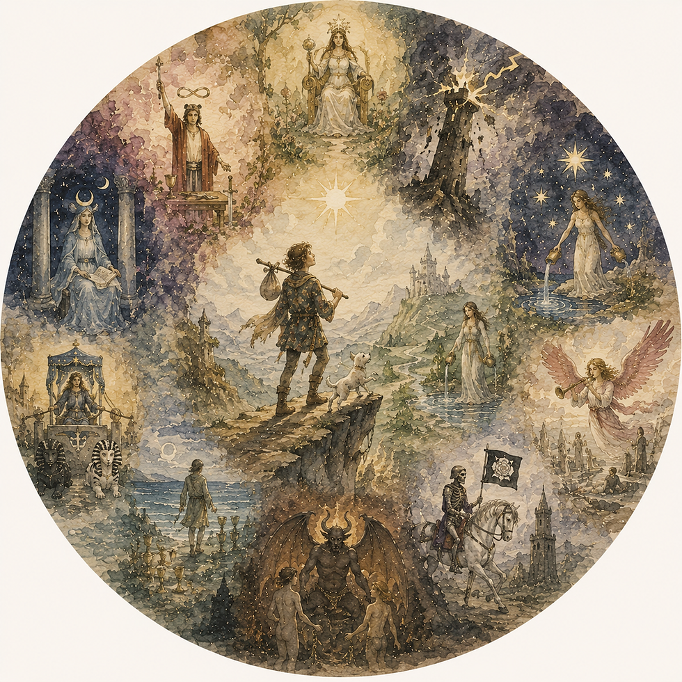 the Fool embarking on his journey through the archtypes of the Major Arcana - showing the Fool on a mountain top about to experience life