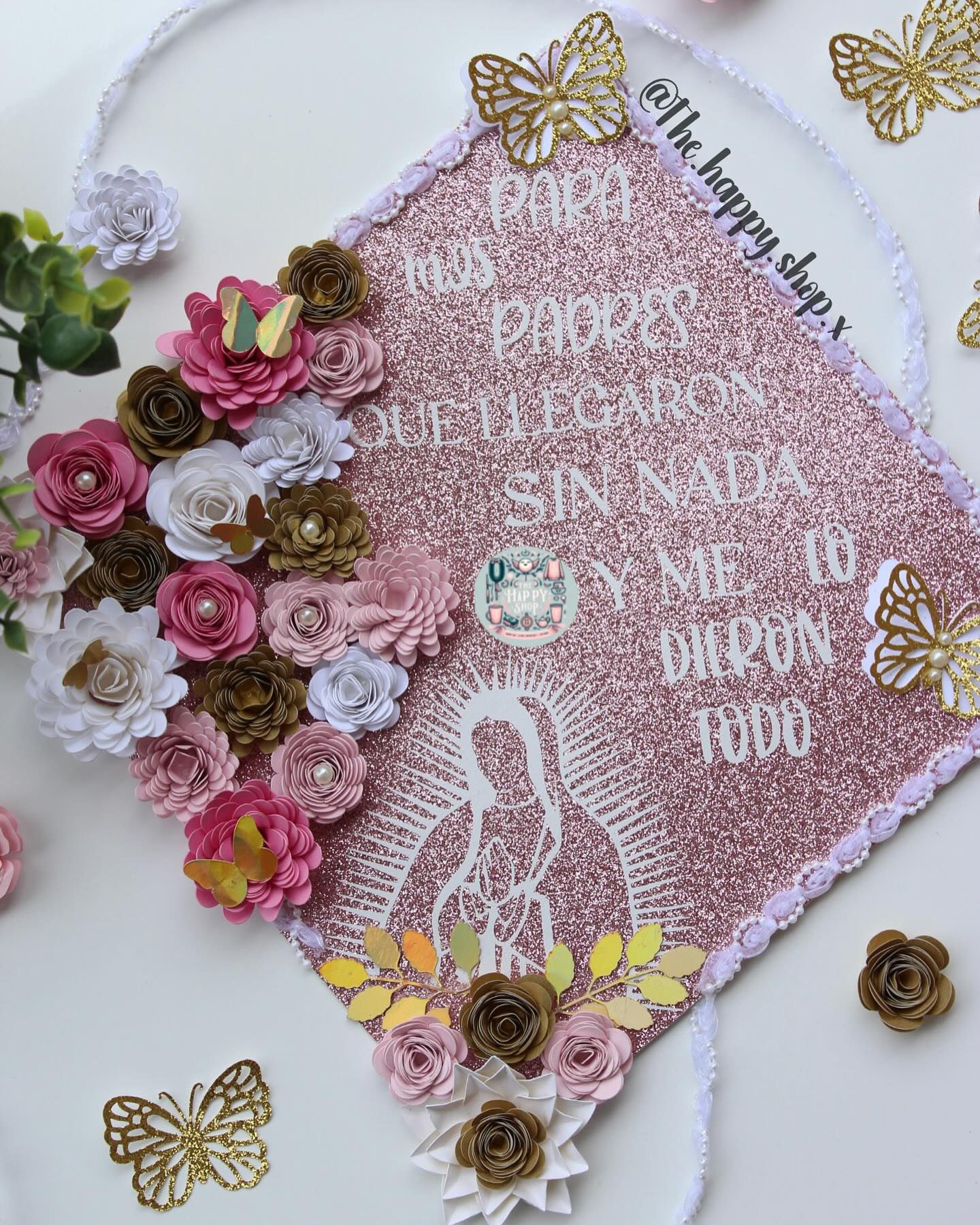 Virgin Mary Graduation Cap, Paper Flowers, Glitter Grad Cap,