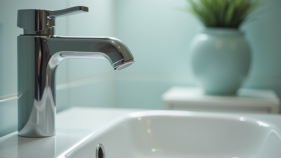 Eye-level view of a modern bathroom sink with a shiny faucet