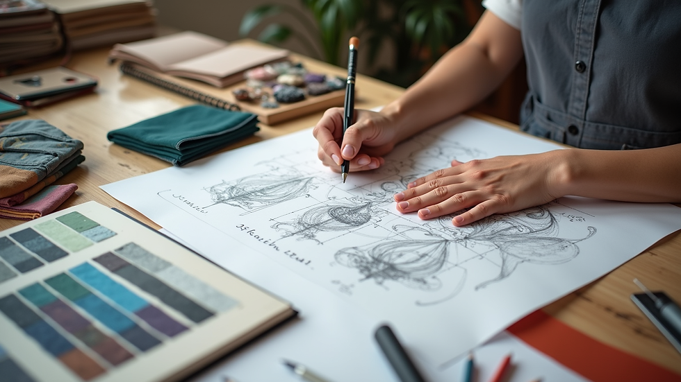 High angle view of a designer’s workspace with sketches, fabric samples, and color palettes