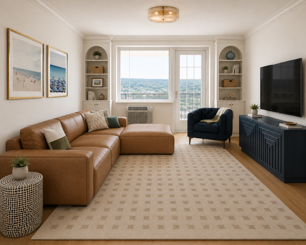 Living room with cognac leather sectional, navy lounge chair, and arched built-in shelving framing a balcony view in NYC