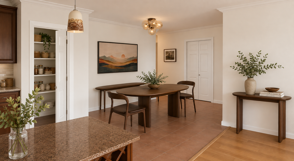 Walnut oval pedestal dining table with bench and console on terracotta tile in a New York apartment designed by SEAM.design