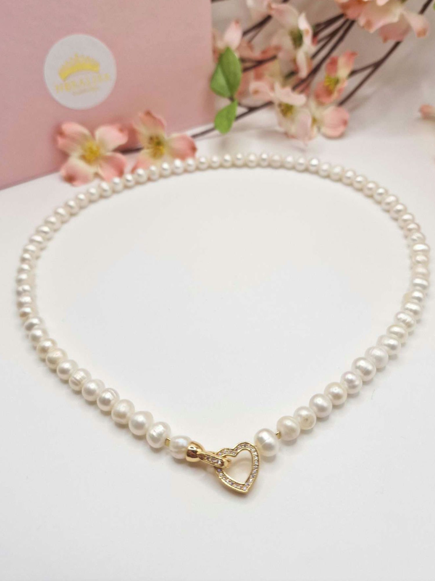 Fresh Water Pearl Necklace with Heart 18K gold plated part