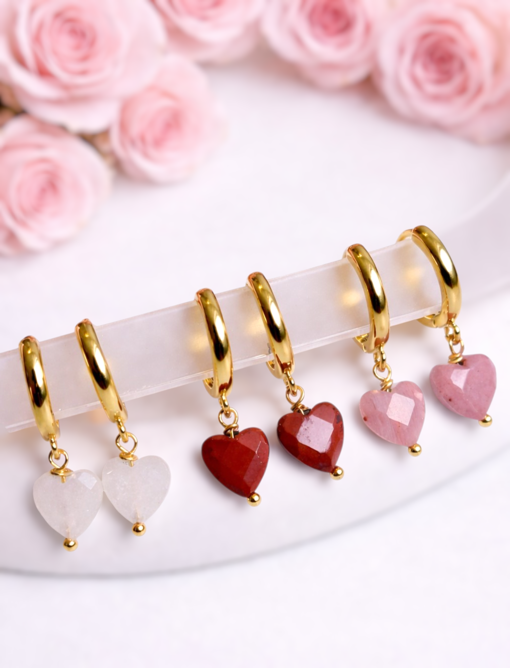 Copy of HUGGIE STONE HEART - faceted heart shape stone with Huggie Hoops of