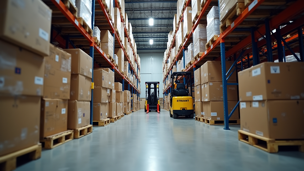 Eye-level view of a warehouse with stacked boxes and forklifts
