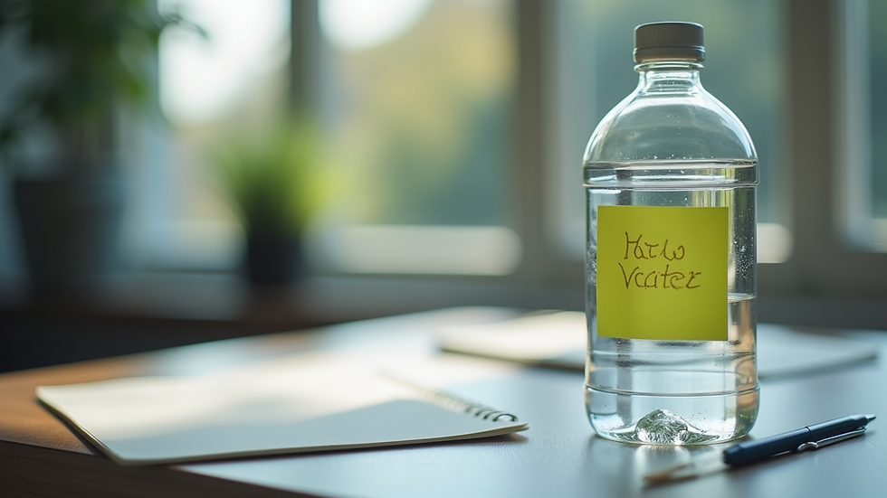 Close-up of a water bottle on a desk with a sticky note reminder