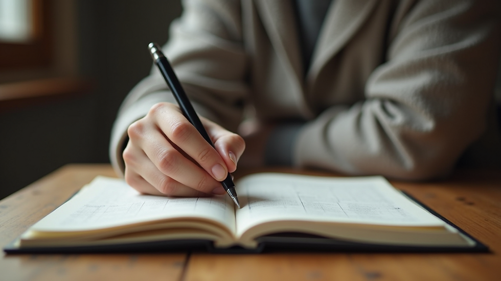 Eye-level view of a person writing in a journal on a wooden desk