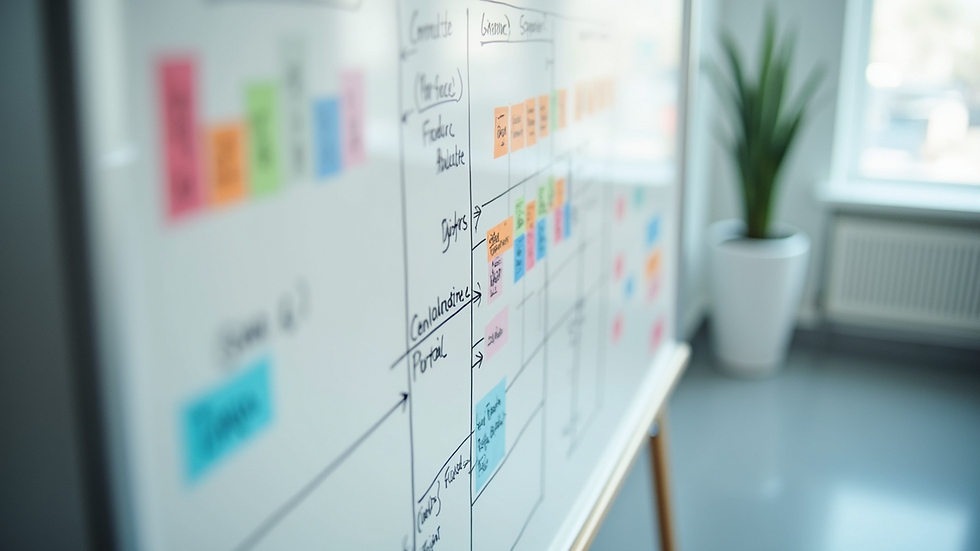 High angle view of a whiteboard with a strategic plan and colourful markers