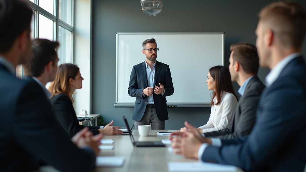 Eye-level view of a leader presenting to a small team in a modern office