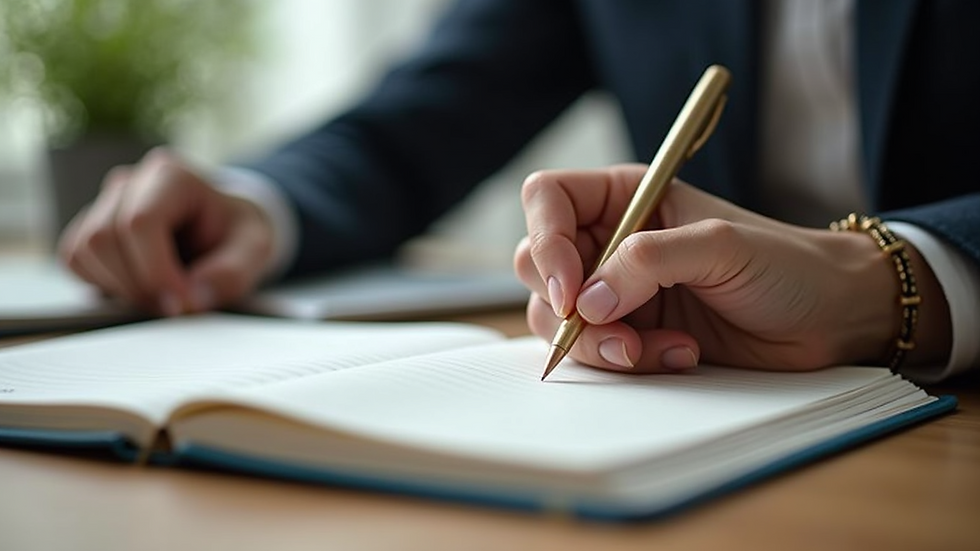 Eye-level view of a person writing notes in a leadership development journal