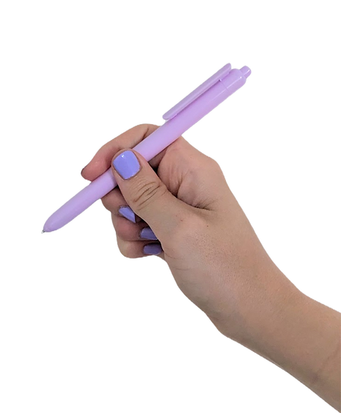 Hand holding a purple pen, ready to do some copywriting!
