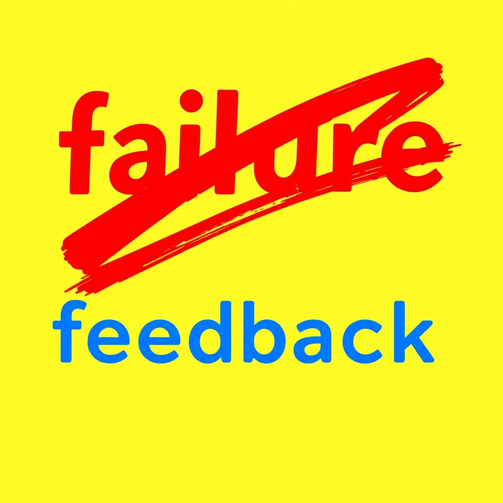 Red "failure" crossed out with red, blue "feedback" below on a bright yellow background, conveying optimism and rethinking mistakes.