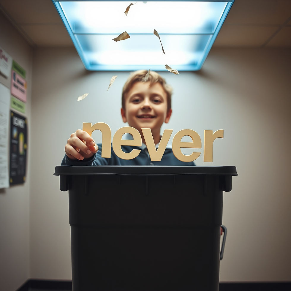 Smiling boy behind a black trash bin, reaching for gold letters spelling never under a bright ceiling light.