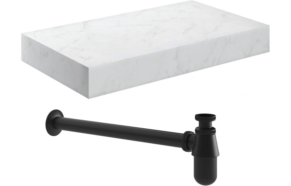 NEWARK 800mm Wall Hung White Marble Basin Shelf & Black Bottle Trap