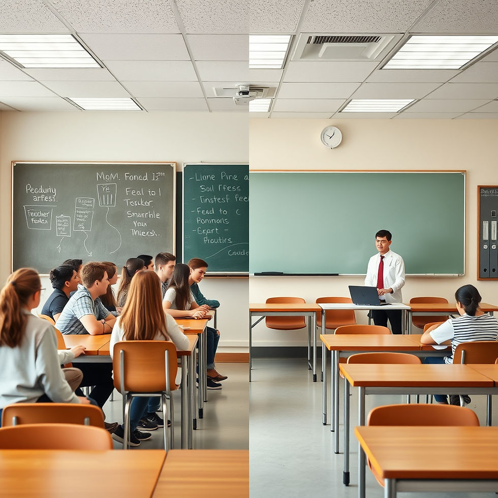 Classroom split view: Left side shows students at desks, facing a blackboard with notes. Right side has a teacher by a laptop, facing students.