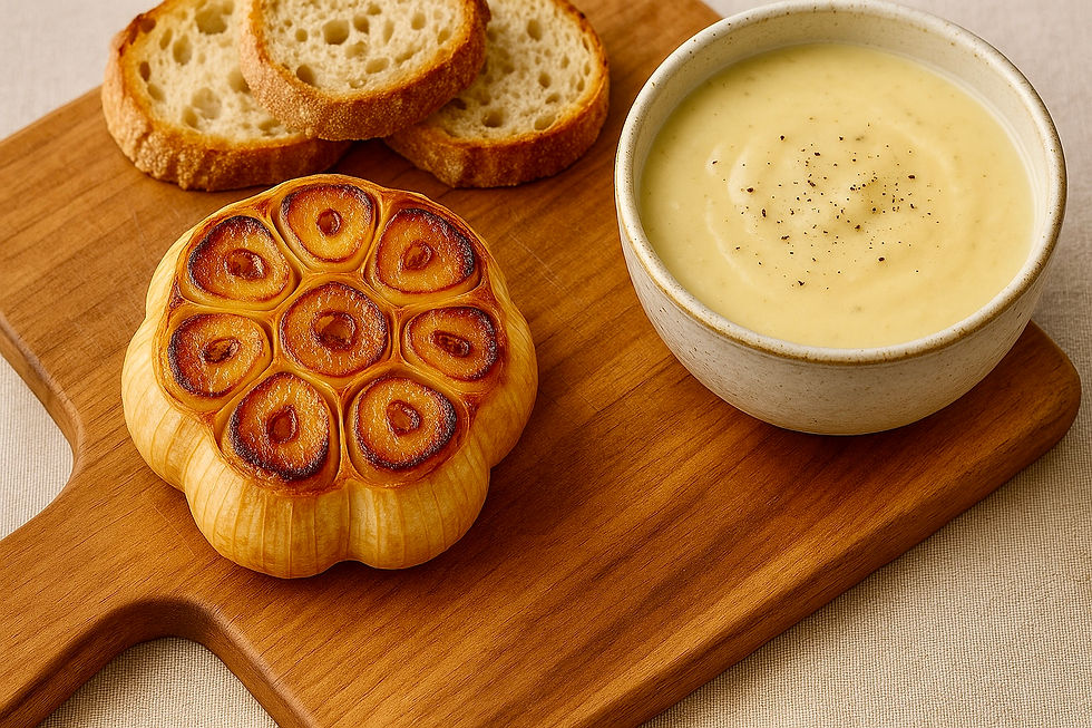 Roasted Elephant Garlic shown with a creamy soup and rustic bread