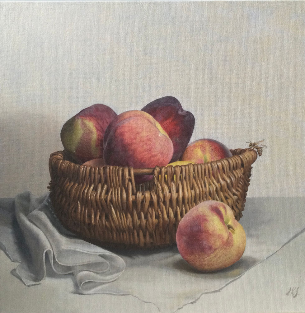 Painting of Peaches in a Wicker Basket