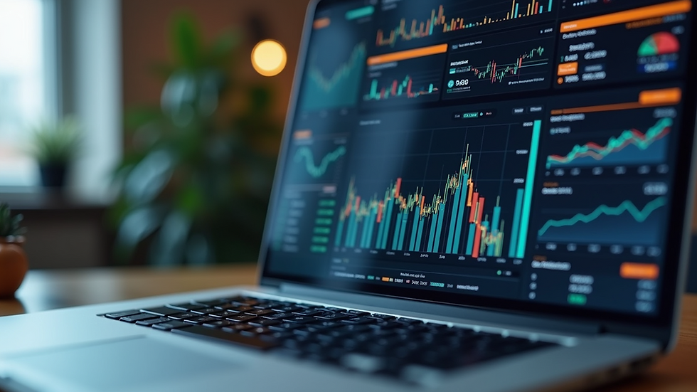 Eye-level view of a laptop displaying financial charts on a desk