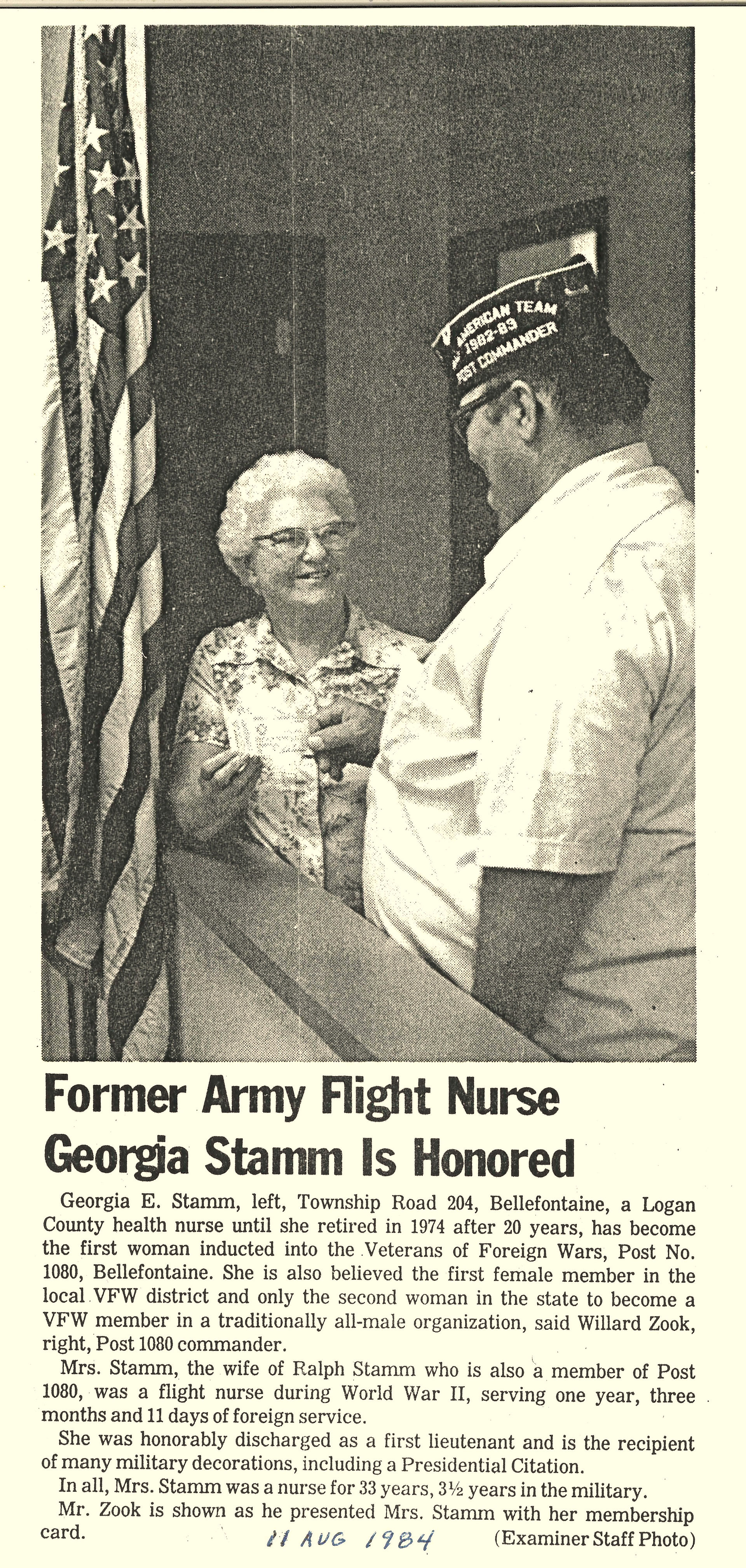 Georgia Insley Stamm receiving her Veterans of Foreign Wars membership card in 1984
