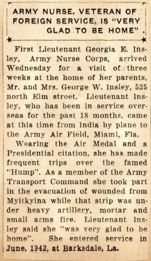 Newspaper article about Lt. Georgia Insley visiting her family after her service in WWII