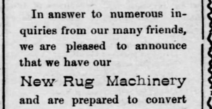 Newspaper ad from October 14, 1902, promoting "Nice new rugs made out of old carpets"