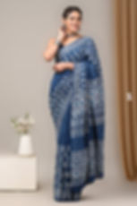 Indigo Shades Hand Block Printed Cotton Mulmul Ready to Wear Saree with Bl