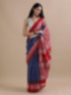 Hand Block Printed Mul Cotton Ready to Wear Saree With Pompom Lace All Over