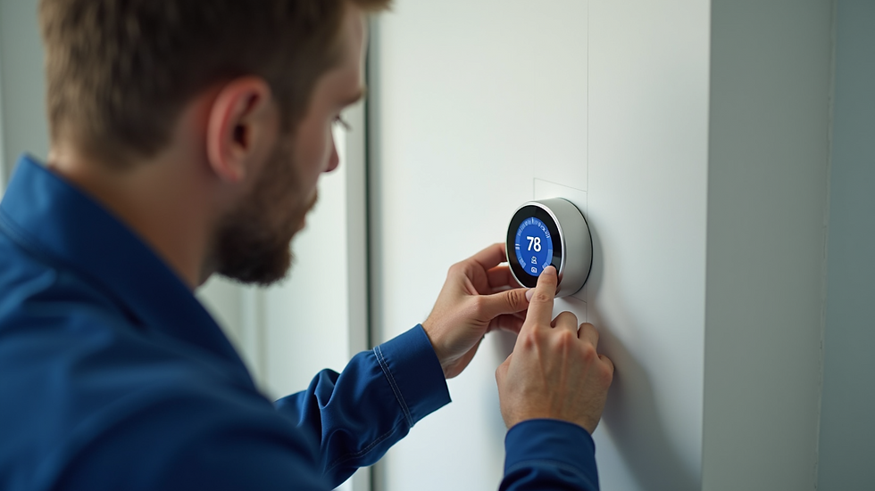 Close-up view of a technician installing a smart thermostat on a wall