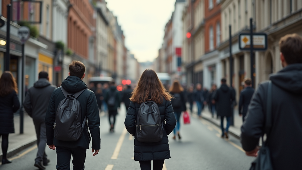 Eye-level view of a busy London street with students walking