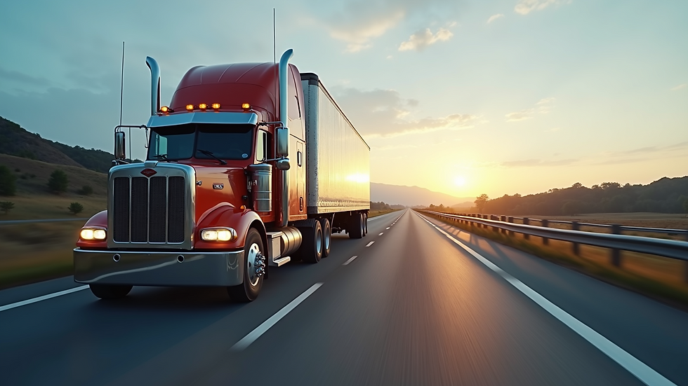 Eye-level view of a large freight truck on a highway
