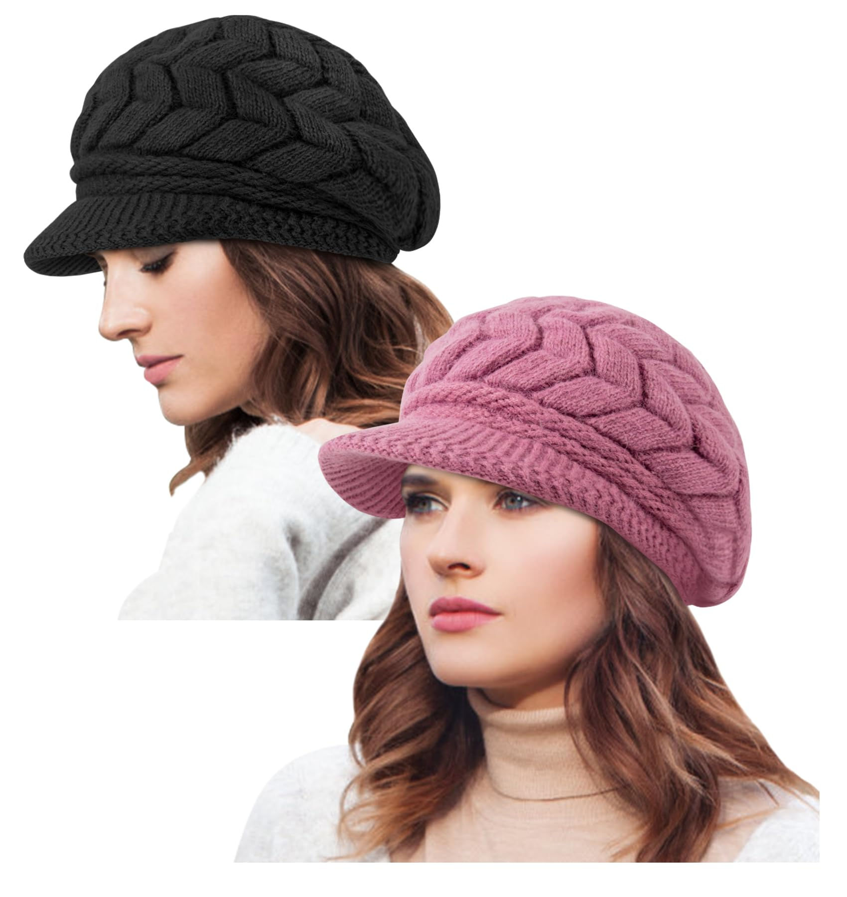 YSense 2-Pack Stylish Winter Brimmed Beanies for Women