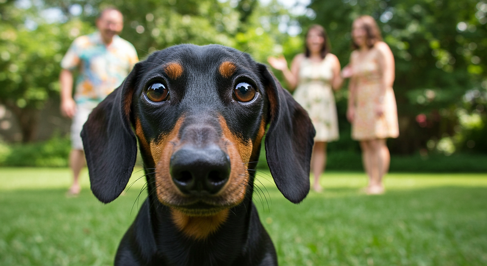dachshund deciding whether to stay with a huband or a wife