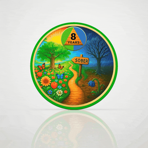 Yellow Brick Road 8 year sobriety chip, digital 3D coin flipping to an engraved back