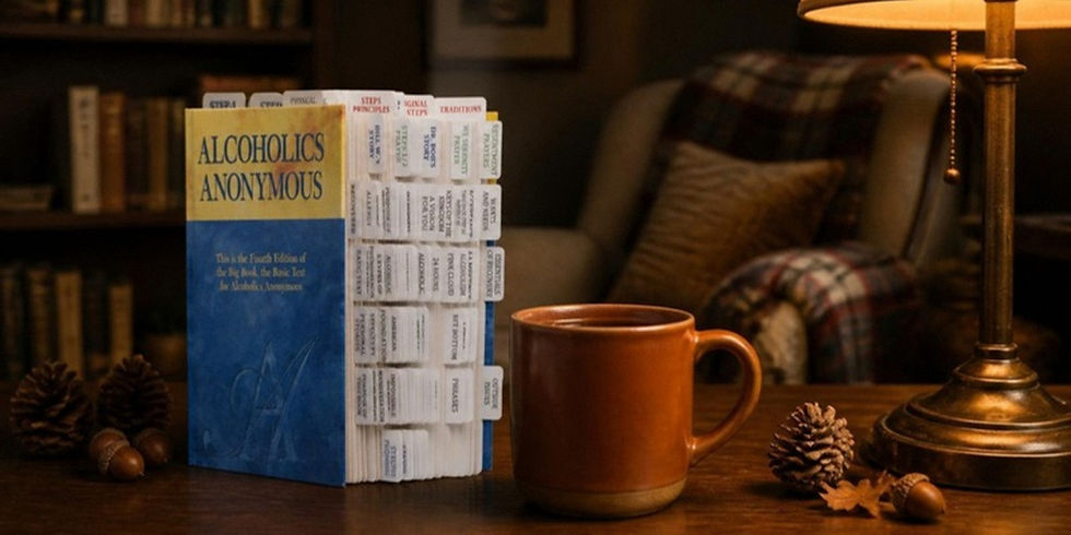 Tabbed AA Big Book with a coffee mug and pine cones under a reading lamp