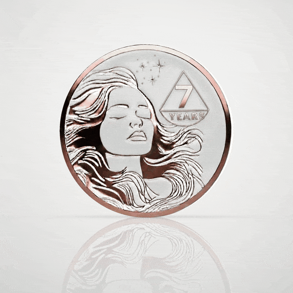 Rose Gold Grace 7 year sobriety chip, digital 3D coin flipping to an engraved back