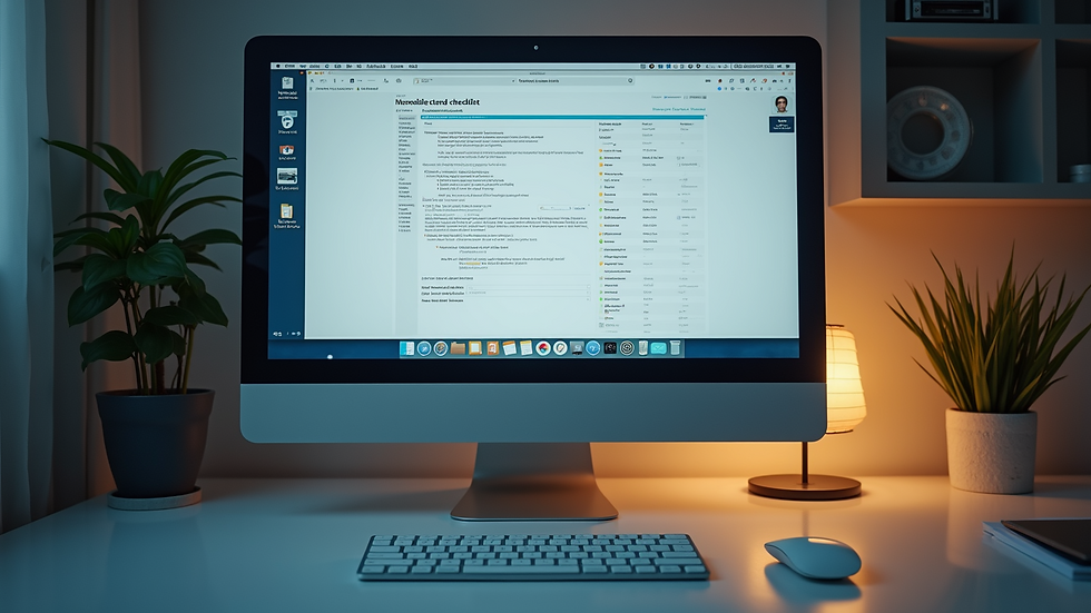 High angle view of a desktop computer with troubleshooting checklist