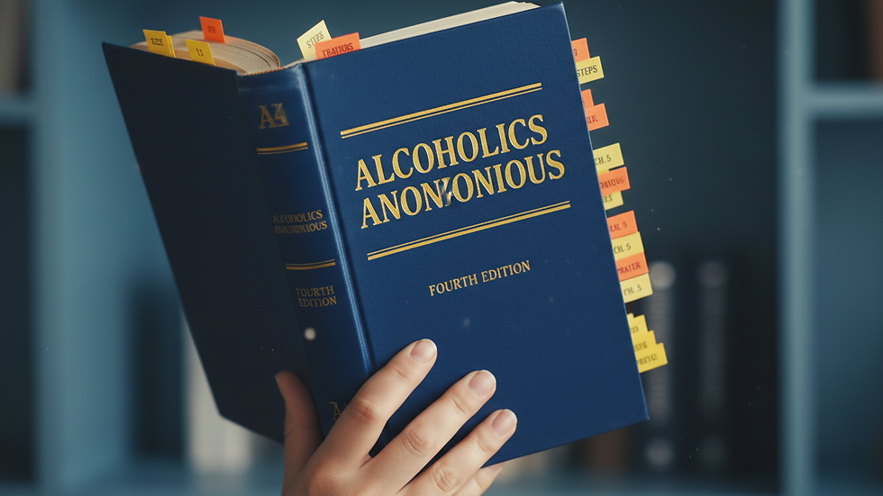 Close-up view of a hand holding a highlighted AA Big Book with colorful tabs