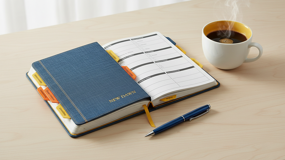 Eye-level view of a sobriety journal and pen on a desk with a cup of coffee