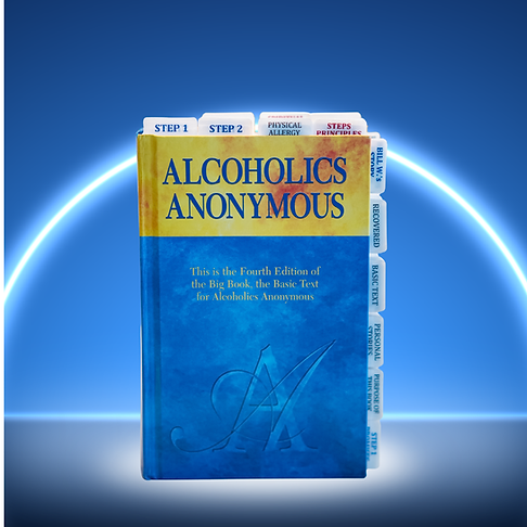 AA Big Book 4th Edition hardcover with 144 laminated, pre-labeled tabs and color-highlighted pages