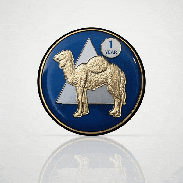 Camel 1 year sobriety chip, digital 3D coin flipping to an engraved back