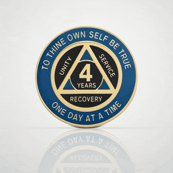 Classic Navy & Gold 4 year sobriety chip, digital 3D coin flipping to an engraved back
