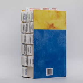 Side view of an AA Big Book showing columns of laminated, pre-labeled tabs