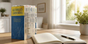 Tabbed AA Big Book next to an open notebook and pen by a bright window