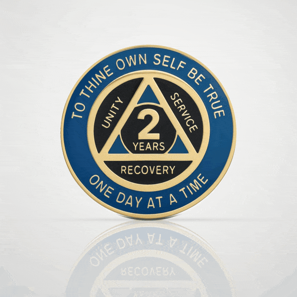 Classic Navy & Gold 2 year sobriety chip, digital 3D coin flipping to an engraved back