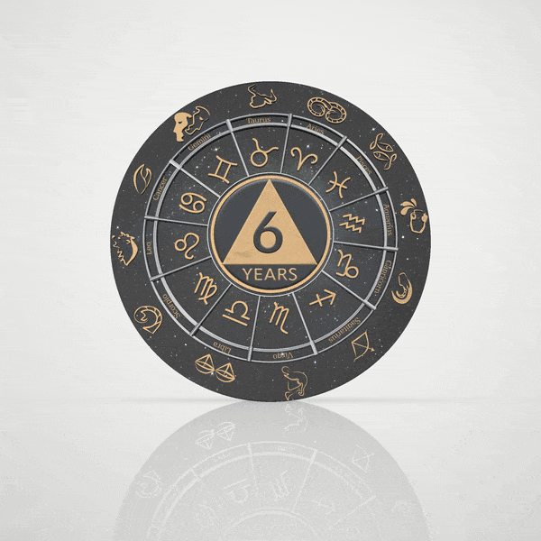 Zodiac 6 year sobriety chip, digital 3D coin flipping to an engraved back