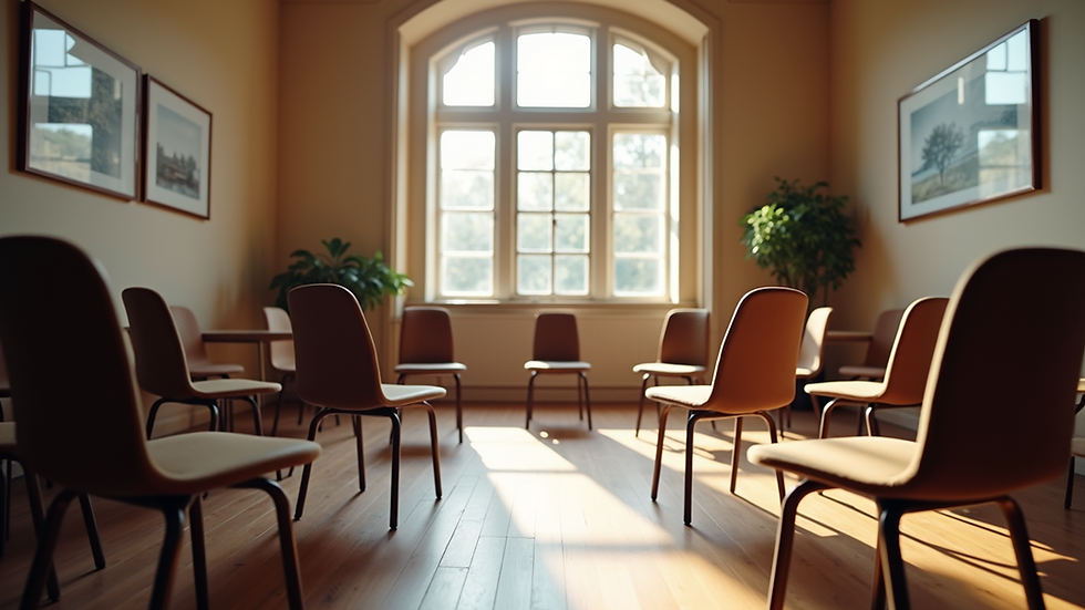 Eye-level view of a circle of chairs in a cozy meeting room