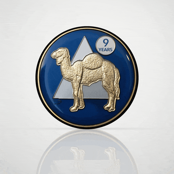 Camel 9 year sobriety chip, digital 3D coin flipping to an engraved back