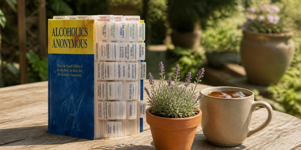 Tabbed AA Big Book on a garden table with a pot of lavender and a cup of tea